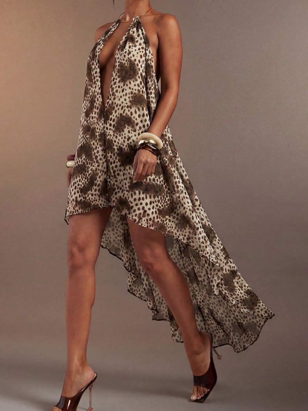 Multicolor Boho Women's Animal Print Halter Dress Backless with Metal Neck